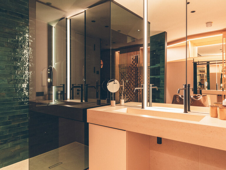 Große begehbare Dusche mit Glaswand, daneben ein großes Waschbecken in der Wald Lounge des Hotel Eibl-Brunner.