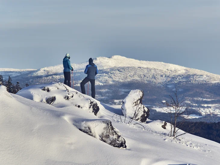 Eibl Brunner: dein Hotel in Frauenau Zwei Wanderer mit Stöcken auf verschneitem Berg mit Blick auf schneebedeckte Landschaft