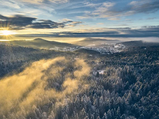 Eibl Brunner: dein Hotel in Frauenau Sonnenaufgang über verschneitem Wald und Nebel im Tal